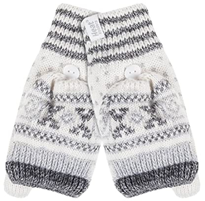 HEAT HOLDERS - Damen Thermo Fleece Norwegermuster Fingerlose Fäustlinge mit Daumen (One Size, Cream (Stockholm))