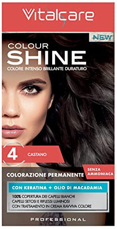 Vitalcare | Colourshine - Colorazione Permanente Professionale, Tinta Capelli Senza Ammoniaca, Tintura Capelli con Cheratina e Olio di Macadamia, n° 4, Castano