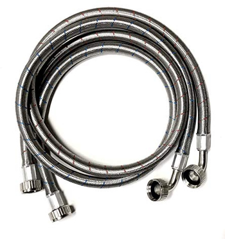 2-Pack Premium High-Flow Stainless Steel Washing Machine Hoses - 4 FT No-Lead Burst Proof Red and Blue Lined Water Inlet Supply Lines - Universal 90 Degree Elbow Connection - 10 Year Warranty