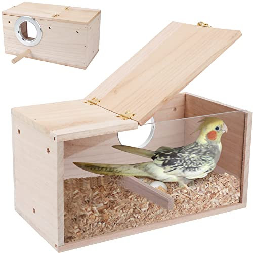 GINDOOR Parakeet Nesting Box Transparent Bird House for Cage Natural Wood Breeding Box for Parrot Parakeet Cockatiel Lovebirds Budgie Conure and Other Small Birds