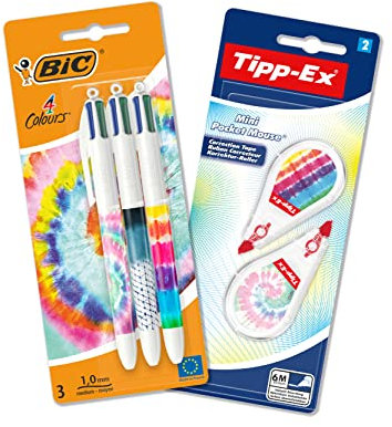 BIC 4 Colours 4 Farben Kugelschreiber und Tipp-Ex Korrekturroller Schreibwaren Set, in Tie Dye Batik Optik, 3 Stifte und 2 Korrekturmäuse