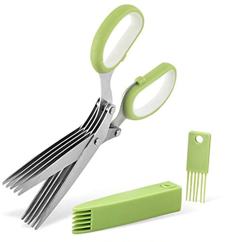 SimpleKitchen Gourmet Herb Scissors Set Multipurpose Cutting Shears with Stainless Steel 5 Blades, Herb Stripper, Safety Cover Cleaning Comb for Cutting Cilantro Onion Salad (Green)