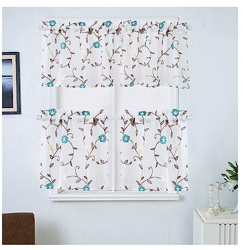 SHTGOI Scheibengardine Blumen Bedruckt Küchenvorhänge Halbtransparente Kurz Bistrogardine Blätter Stickerei Fensterschal Landhausstil Gardine Vorhang für Küche Wohnzimmer Landhaus 74 * 61cm Grau