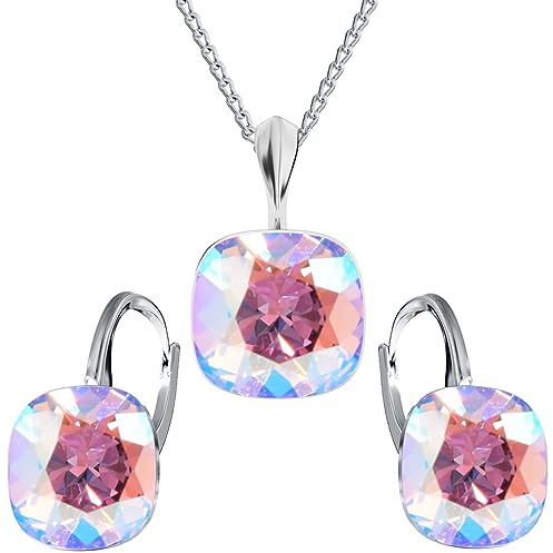 MŚ 1997 MENNICA ŚWIDNICKA Schmuckset Ohrringe Silber 925 mit Halskette Damen Set - Hochwertige Marken Kristalle - Ohrringe mit Kette Geschenk für Frau (Light Rose Shimmer)