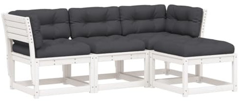 vidaXL Garten Lounge Set 4-TLG., Sofagarnitur mit Latten-Design, Gartengarnitur mit Kissen, Gartenmöbel Gartensofa Fußhocker, Weiß Massivholz Kiefer