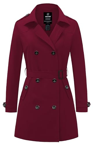 Wantdo Damkappa för vår, lätt, klassisk dubbelknäppt lång trenchcoat vattentät vindtät trenchoat med bälte, Mörkröd, S