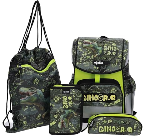 DINO DINOSAURIER FIDLOCK SCHULRANZEN SET 1 KLASSE | SET 4 TEILIG FÜR GRUNDSCHULE | LEICHT | ERGONOMISCH und ANATOMISCH | FEDERMÄPPCHEN SPORTBEUTEL STIFTEETUI |