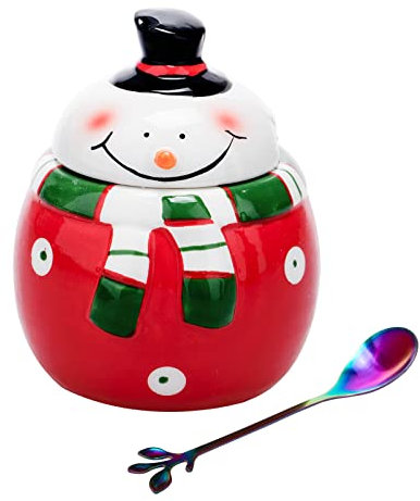 HPYNPES Azucarero de cerámica con tapa y cuchara, elegante recipiente de azúcar con bonito diseño de muñeco de nieve de Navidad, decoraciones navideñas, olla de azúcar duradera y hermética con cuchara