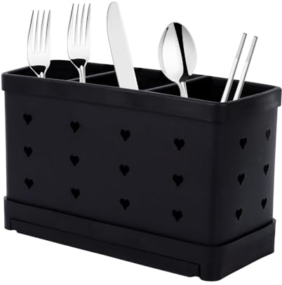 Dhqkqg Utensil Holder, Cutlery Drying Holder with 3 Compartments, Stainless Steel Cutlery Holder Sink Caddy, Cutlery Drainer, Kitchen Sink Organiser for Kitchen Spoons Spatulas Forks Knives (Black)