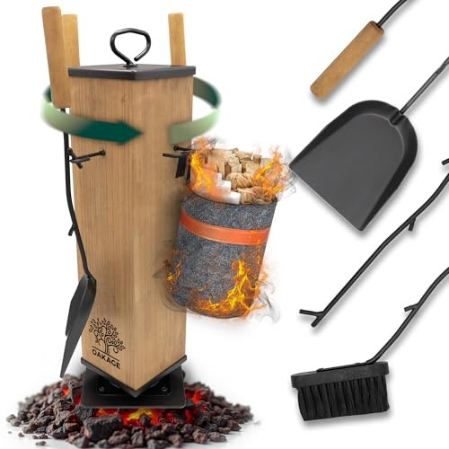 OAKAGE Kaminbesteck Classic Modern [integrierer Holzkorb & drehbarem Kern] Hochwertiges Kaminzubehör mit Holzgriff | Kaminofen Besteck mit Kehrset & Schürhaken | Ofenbesteck Garnitur für Ofen & Kamin