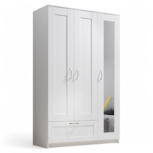 LEPINI Kleiderschrank mit Spiegeltür in Weiß 3-türig 117 x 191 x 50 cm | Vielseitiger Drehtürenschrank mit Spiegel für das Schlafzimmer, geradliniges Design für viel Stauraum, Schlafzimmerschrank