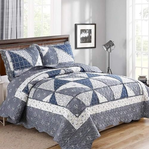 DECMAY Tagesdecke für Doppelbett, 220 x 240 cm, grau, Patchwork, gesteppte Tagesdecke aus Mikrofaser mit Blumenmuster, Sofadecke, 3-teilig mit 2 Kissenbezügen 50 x 75 cm