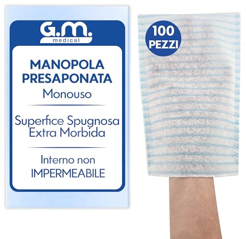 G.M. DISTRIBUZIONE Manopole Saponate Monouso Di Alta Qualità Con Soffice Spugna Esterna, Guanti Saponati Monouso Delicatamente Profumati Senza Risciacquo, Per Anziani, 100 Pezzi, Bianco