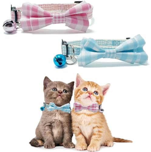 XYTAHDM 2 Stück Katzenhalsband mit Glöckchen und Fliege, Blau Weiß + Rosa Bianco Kariertes Katzenhalsband, Verstellbar Halsband Katze für Kätzchen und Welpen