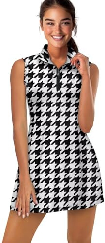 Drnuikhe Sleeveless Golf Dresss for Women 3D Print Black and White Houndstooth Plaid Pattern Half Zip Polo Dress Suitable for Golf Courses Athletic Wear Women Black