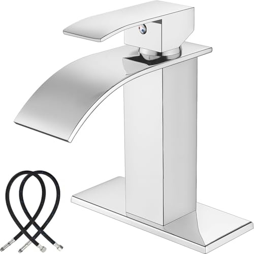 Rubinetto a cascata cromato lucido per lavandino del bagno, maniglia singola, 1 foro, con piastra per acqua calda e fredda, in ottone massiccio