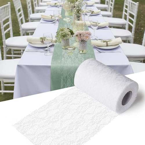 Ezvsevuo Tischläufer Spitze Weiß 15 cm x 25 m, Deko Tischläufer Lace, Spitzenband Table Runner, Tischdeko Tischband für Hochzeiten, Kommunionen, Party, Taufen und Geburtstage