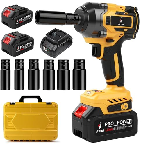 Victool Avvitatore a percussione, Avvitatore a Impulsi 650 N.m con Batteria 2 x 4,0 Ah, 6 Bussole, Luce LED, Senza Spazzole 1/2, avvitatore a percussione ad alta coppia per Auto Casa fai da te