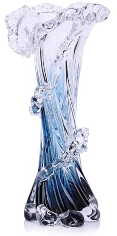 Hand Blown Blue Glass Vase, Unique Art Beautiful Ocean Glass Vase for Coastal Home Decor, Coffee Table, Living Room, Office Decor - 11.8 H(Large)