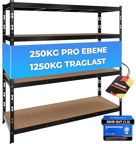 ALL Premium Schwerlastregal 180x180x60 cm Schwarz 1250kg Traglast, Schwerlastregal 60 cm tief geeignet als Lastenregal, Abstellraum Regal & Vorratsregal Speisekammer, Regal Metall Schwarz für Keller