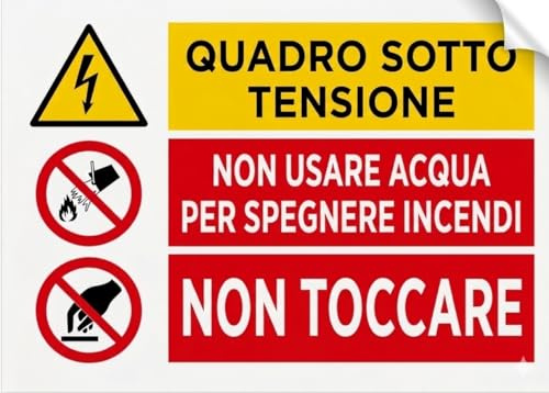 StampaGenerale® 2 Pz Adesivo Quadro Elettrico Sotto Tensione in PVC – A6 (14,8x10,5 Cm) Cartello Pericolo Elettrico Divieto Uso Acqua e Divieto di Contatto – per Interno ed Esterno Riparato (A)