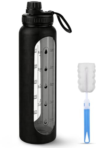 ZAHRVIA Gourde en Verre de 1L avec Graduation Horaire – Bouteille en Verre Motivante pour 1 Journée – Incassable avec Housse Silicone & Brosse de Nettoyage – Sans BPA (Noir)