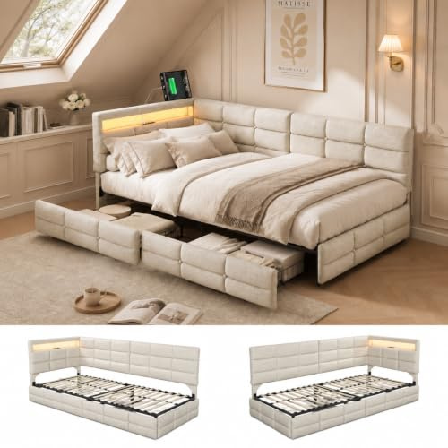 Bett 90 x 200 cm mit Schubladen und Stauraum, gepolstertes Bett in L-Form mit LED-Lampe und USB, modernes Schlafsofa mit Lattenrost, ohne Matratze (Beige I, 90 x 200 cm)