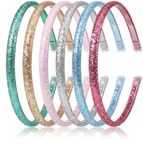 6 Pack Chunky Glitter Headbands for Girls, Sparkly Non-Slip Thin Hair Girls Headbands, Cute Toddlers Hair Accessories for Birthday Party, Daily Wear