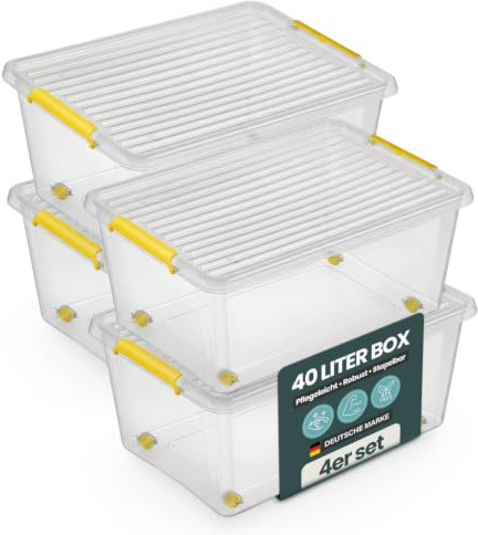 Kreher Aufbewahrungsbox mit Deckel transparent - stapelbare Kunststoffbox mit Rollen & Clips - robuste Ordnungsbox nestbar - Universalbox zur Aufbewahrung - 30L bis 145L XXL (4, 40 Liter)