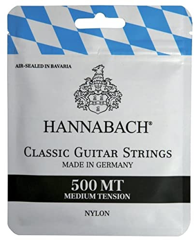 Hannabach 500MT Saiten für Klassikgitarre Satz Medium Tension, Diskantsaiten: Nylon, Bass: Nylonkern mit versilbertem Kupferdraht umsponnen