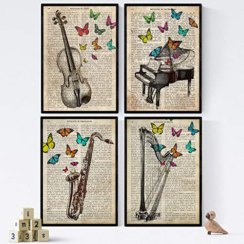Nacnic Vier Folien Vintage Instrumente Musicales.Piano, Arpa, Violin, Saxo in A4 Größe. mit Rahmen oder ohne Rahmen Papier 250 g und Tinten