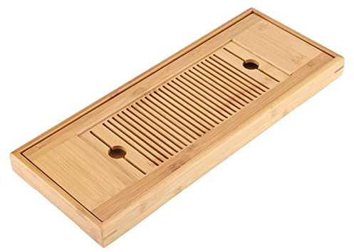 Duokon Chinesisches Teetablett aus Bambus, Japanisches Tee-Serviertablett, Gongfu-Teetisch-Set mit Reservoir Typ Wasseraufbewahrungsbox für Zuhause, Garten, Büro, 38 x 15 cm