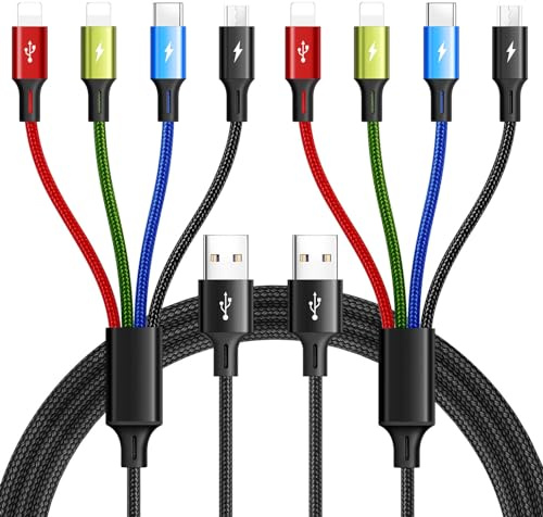 Multi Charging Cable 3.5A Multiple Charger Cable Braided 4 in 1 Multi USB Cable Fast Charging Cord with IP/Type C/Micro Ports for Cell Phones/iPhone Series/Tablets/Samsung Galaxy & More (2Pack 4Ft)