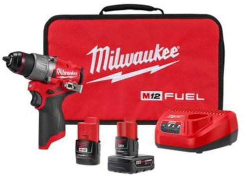 Milwaukee 3404-22 - Kit de taladro de martillo de combustible de 12 V de 1/2 pulgadas con baterías de iones de litio de 4.0 Ah, 2.0 Ah, cargador y bolsa de herramientas