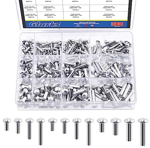 Glarks Lot de 300 rivets à tête de brasero M4 M5 M6 en aluminium - Longueur : 13 mm, 14 mm, 20 mm, 25 mm - Haute résistance - Pour assemblage et réparation du métal