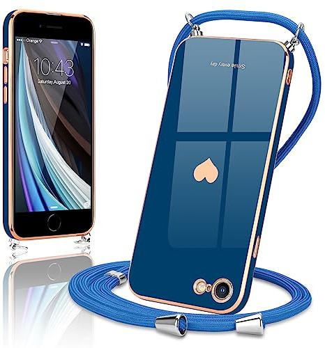 Wirvyuer Handyband Kompatibel mit iPhone SE 2022 Hülle, iPhone 7,iPhone 8,iPhone SE2020 Handyhülle mit Band zum Umhängen Kameraschutz Liebesherz Silikon Hülle für iPhone 7/8/SE2020/SE2022 Blau