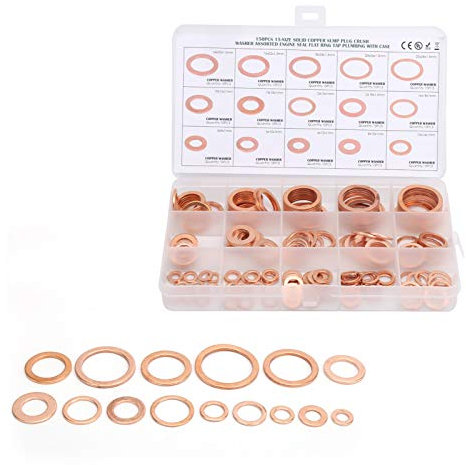 Tissting 150 Stück Kupfer Flach Unterlegscheiben M5 M6 M8 M10 M12 M14 M16 M18 M20 M22 15 Größen Metrische Runde Beilagscheiben Scheiben Karosseriescheiben