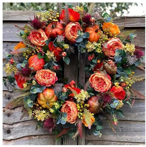 HAZARA TüRkranz Herbst AußEn, Herbst Pfingstrose Und KüRbis Kranz Herbst Deko Outdoor, 50cm Herbst TüRkranz, Herbstdeko DraußEn,A