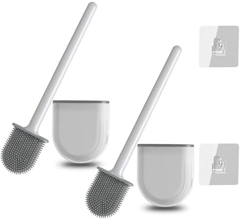 2 Pcs Cepillo de Baño de Silicona, Cepillo de Baño Montado en la Pared, Set de Soporte para Cepillos de Baño, con Base y Mango Largo de Plástico Antideslizante, Gancho, Suave para Inodoro (Blanco)
