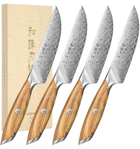 HEZHEN Damaszener Steakmesser Set, 73 Lagen Damaszener Stahl Steakmesser Ohne Wellenschliff Tafelmesser, Full Tang Holzgriff