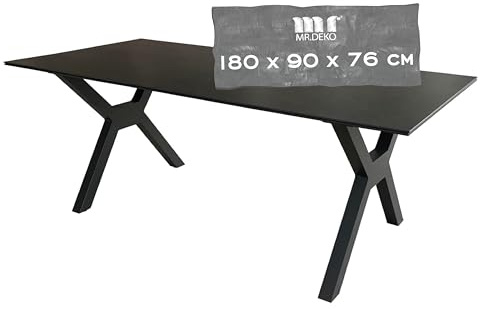 MR. DEKO Gartentisch Granada 180x90x76 cm | Esstisch Outdoor Aluminium | Keramik-Tischplatte Wetterfest | Balkontisch Rechteckig Grau | Terrassentisch Design X-Gestell | Rostfrei Gartenmöbel