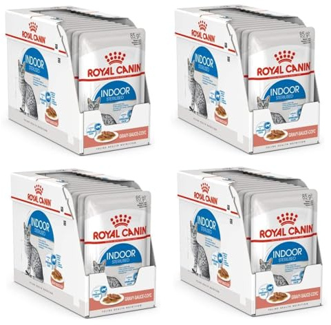 Royal Canin Indoor Sterilised en Salsa | Paquete de 4 | 4 x 12 x 85 g | Alimento Completo para Gatos Adultos Que Viven en Interior | para Gatos esterilizados | Bocaditos en Salsa