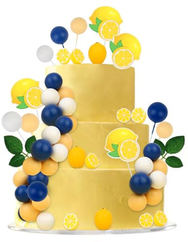 Cheereveal Blue Tile Lemon Cake Decorations - Fruit Leaves Cake Cupcake Figures Toppers Ball Dessert Picks, Lemon Theme Birthday Party Baby Shower Bachelorette Celebration Photo Props