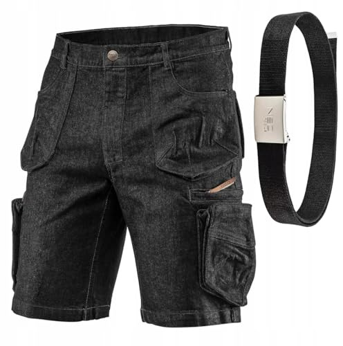 NEO TOOLS Kurze Arbeitshose Herren, Denim Arbeitsshort mit Arbeitsgürtel | Jeans-Optik Arbeitshosen, Für Männer Kurz, Multifunktionale und Geräumige Taschen, Arbeitshose Sommer