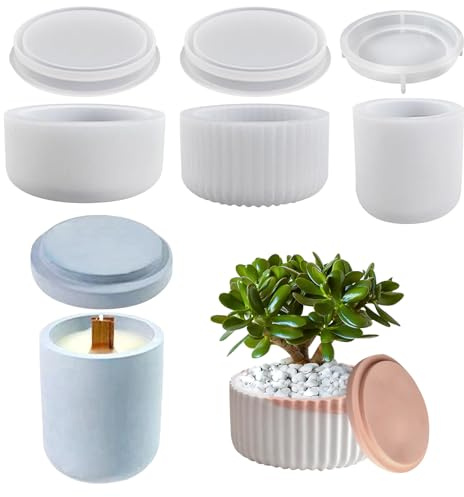 Paquete de 3 moldes de silicona para fundición, molde redondo para portavelas con tapa, molde de silicona para moldes de fundición de hormigón, molde de silicona para jarrón a rayas para macetas