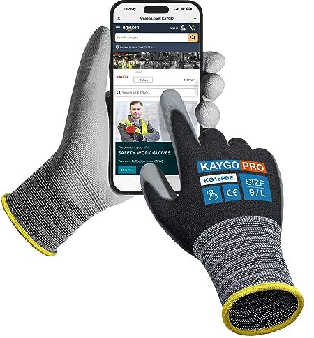 KAYGO Thin Work Gloves PU Coated 12 Pairs Touchscreen, KG15P, Nylon Liner with Flexible PU Coating Lightweight Safety Work Gloves for Precision Handling Work, DIY, Assembly, Warehouse (Black, L)