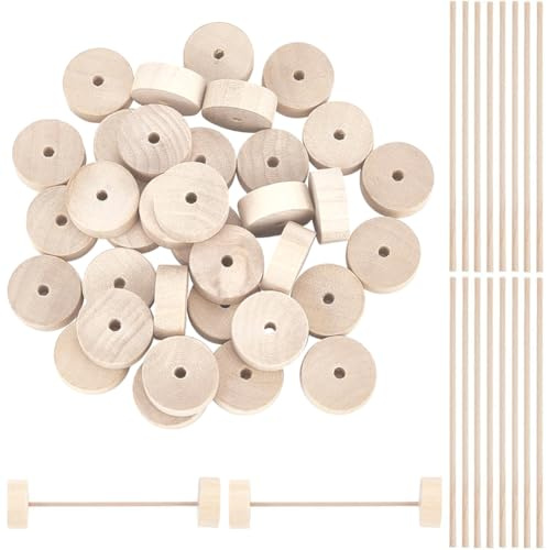 DELORIGIN 36 paquet de Mini Roues Artisanales en Bois avec 18 bâtons en Bois Roues Artisanales Plates Inachevées de 2.5cm pour L'Artisanat Bricolage Voitures Peinture Travail du 4 trou Mm