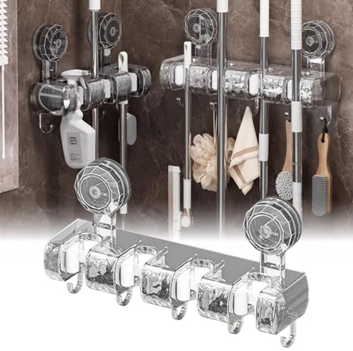 Besenhalterung Wand, 4 Halter + 5 Haken Schwarz Schwerlast Gerätehalter Selbstklebend, Besenhalter mit Nails Installieren, Gartengerätehalter aus Edelstahl, Wandhalterung Besen (Weiß)