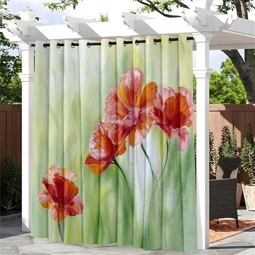 Hiseng 1 Stück Outdoor Vorhänge mit Ösen Wasserdicht Outdoorvorhänge Tulpen Muster Vorhang Blickdicht Sichtschutz Gardinen für Garten Terrasse Pavillon Veranda Balkon (180x213cm,Rot)
