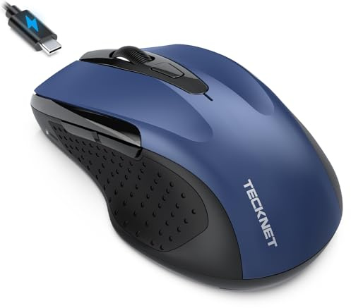 TECKNET Bluetooth Mouse Jiggler, Rechargeable Wireless Mouse (BT 5.0/3.0+2.4G) with Build-in Jiggler Mover Keeps Computer Awake, 4800 DPI Silent Ergonomic 6 Buttons Mouse for Laptop, Blue